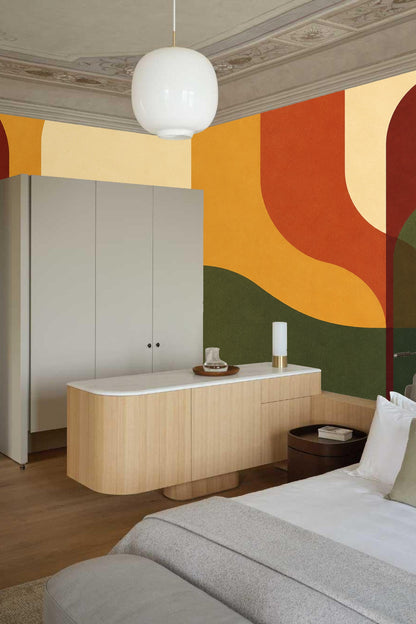 Detail of wallpaper applied in a child's room featuring a wooden chair resembling antlers.