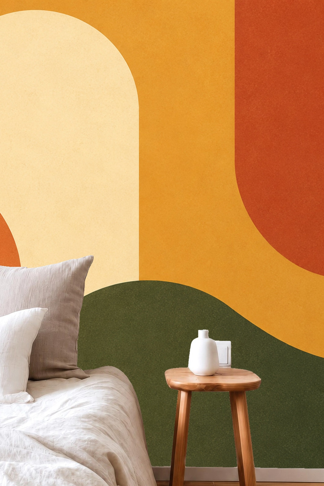 Illustration of wallpaper pattern emphasizing the retro earthtone palette and graphic forms.
