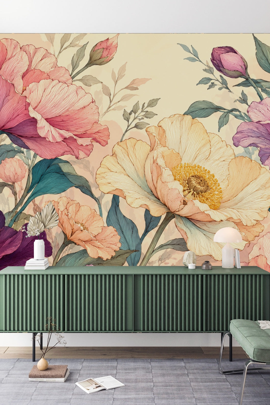 Living space corner with floral wallpaper backdrop and minimal furniture accents