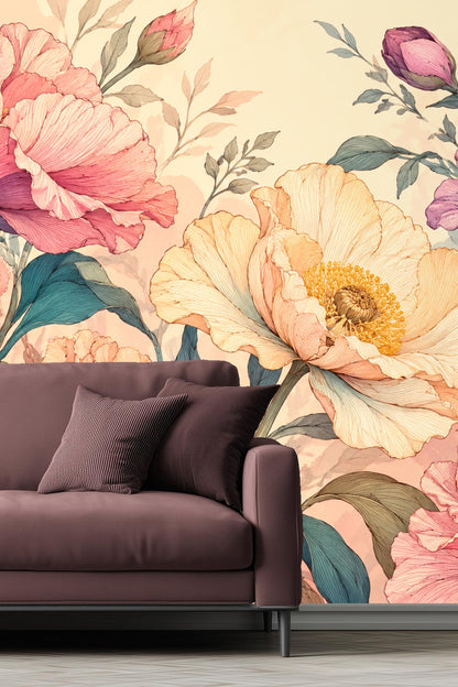 Bedroom wall featuring large floral wallpaper behind wood bed and beige lamps