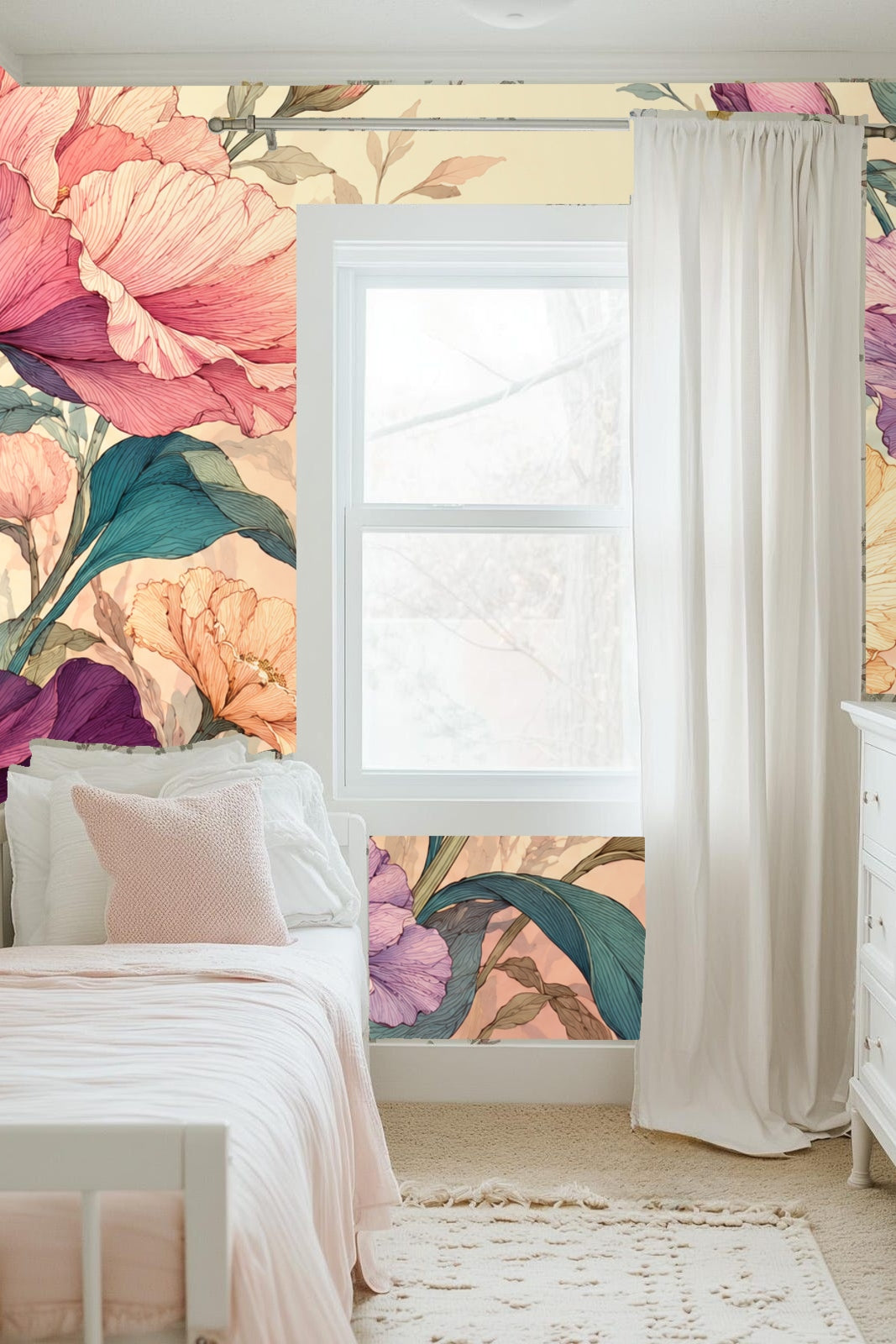 Fine line botanical pattern in soft pastel and neutral colors on wallpaper