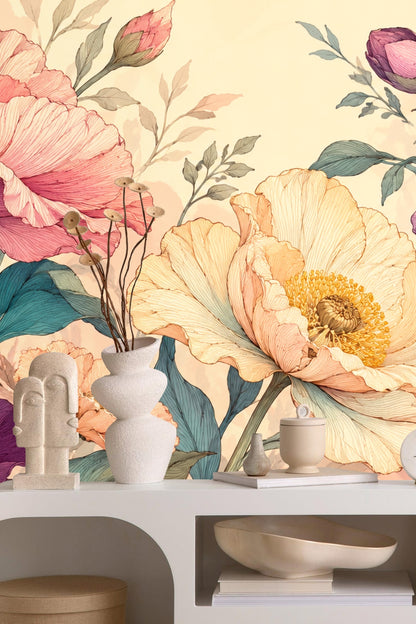 Wall scene highlighting scale of floral pattern in calm dusky color palette