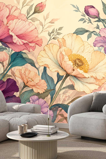 Close-up showing fine line details of blooming flowers in muted pink and purple tones