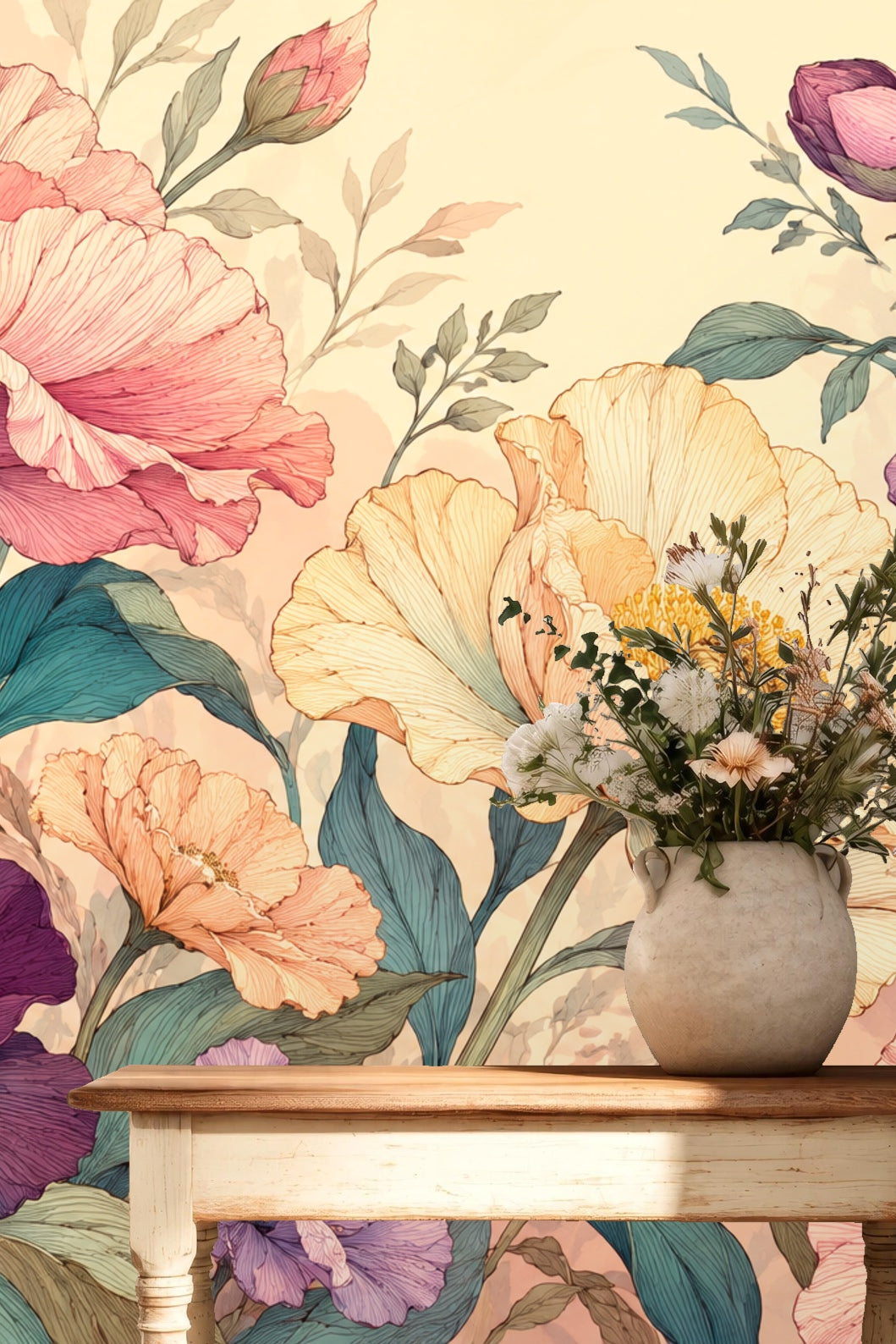 Elegant bedroom wall with striking floral mural in dusky pastel palette