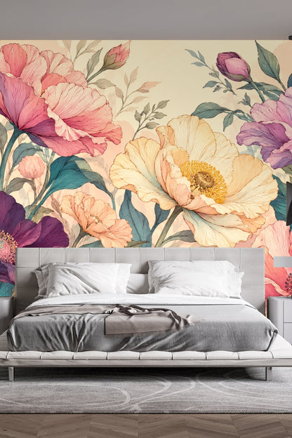 Floral wallpaper detail emphasizing interplay of line and color shading