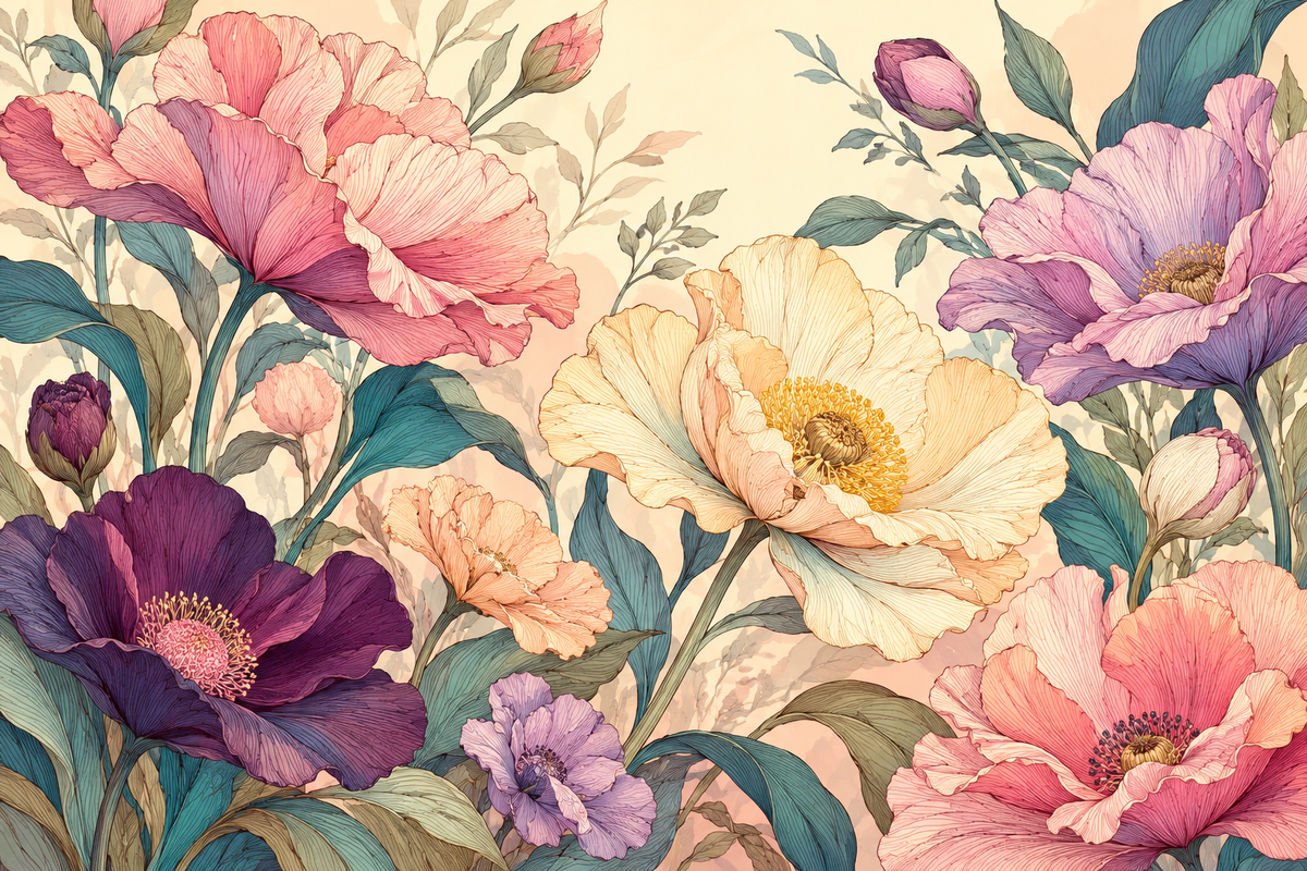 Soft textured flower petals creating a vintage botanical illustration effect on wall