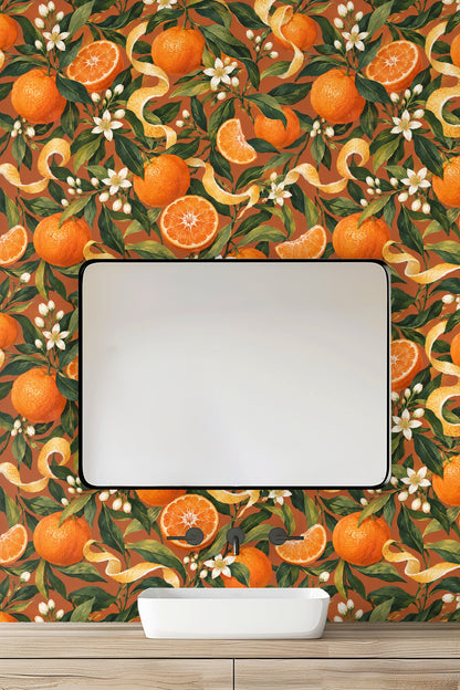 Wall with botanical orange wallpaper accentuating vaulted bedroom walls