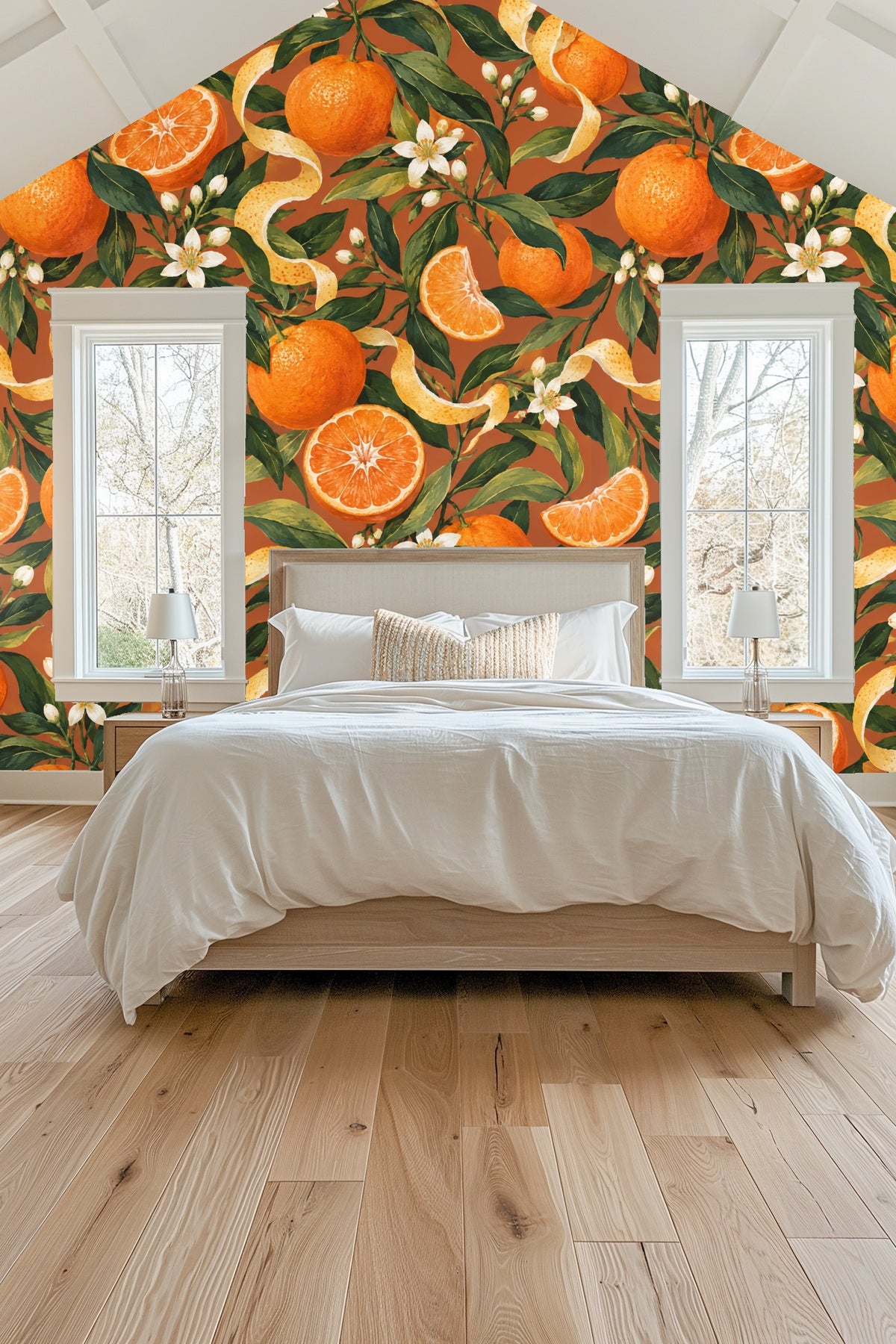 Bedroom with sloped ceiling featuring large scale orange pattern wallpaper behind bed
