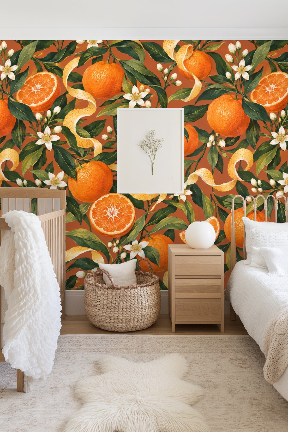 Orange fruit and curling peels with lush green leaves in detailed botanical illustration