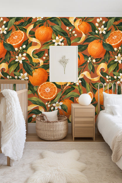 Orange fruit and curling peels with lush green leaves in detailed botanical illustration