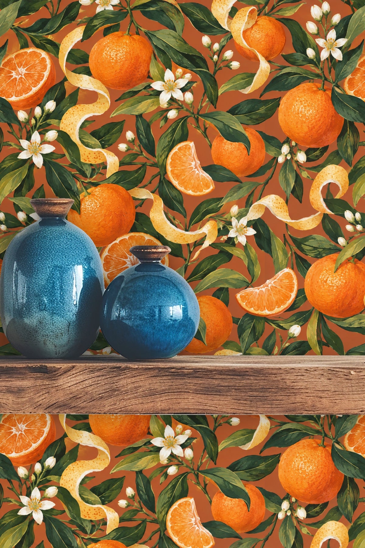Twisting orange peel ribbons weaving through leaves and fruit