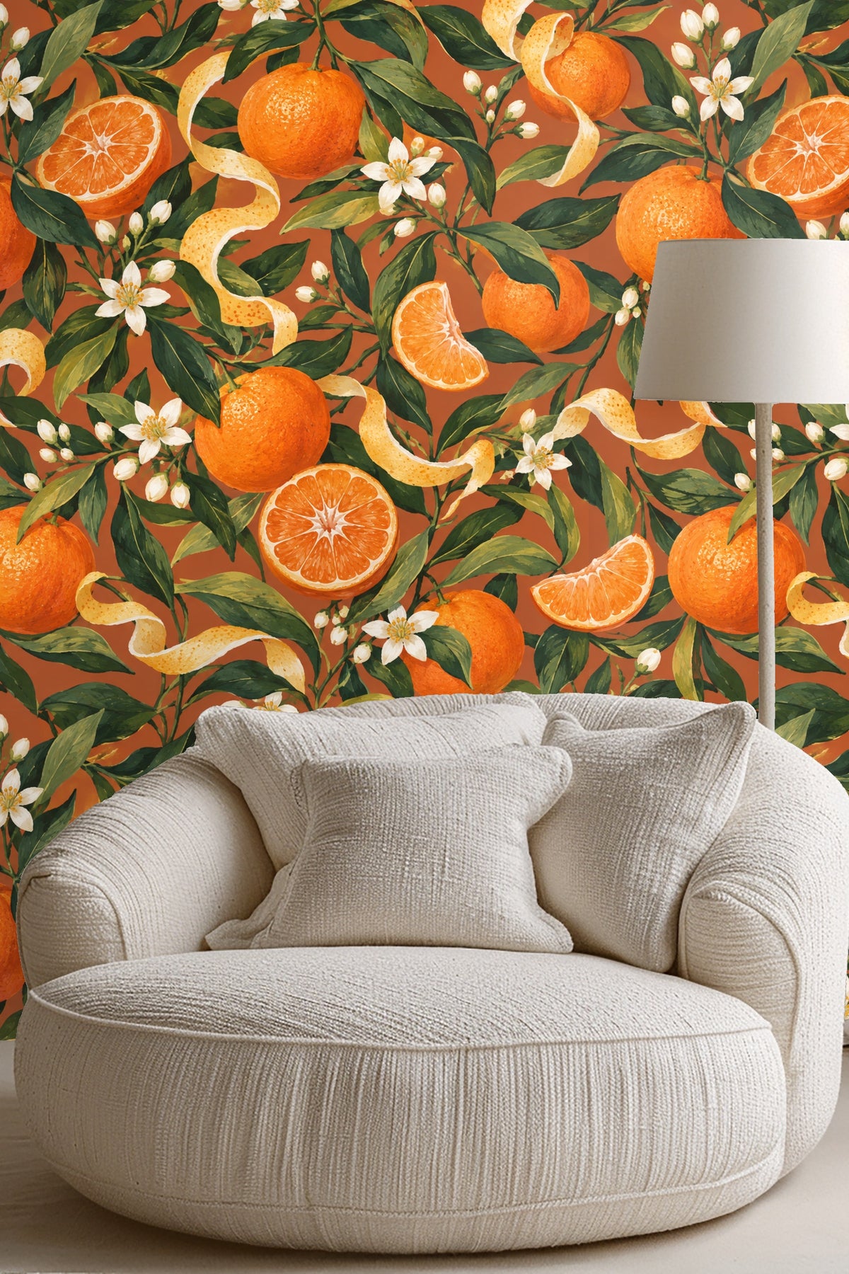 Detailed close-up of botanical orange fruit, leaves, white blossoms and peel on terracotta background