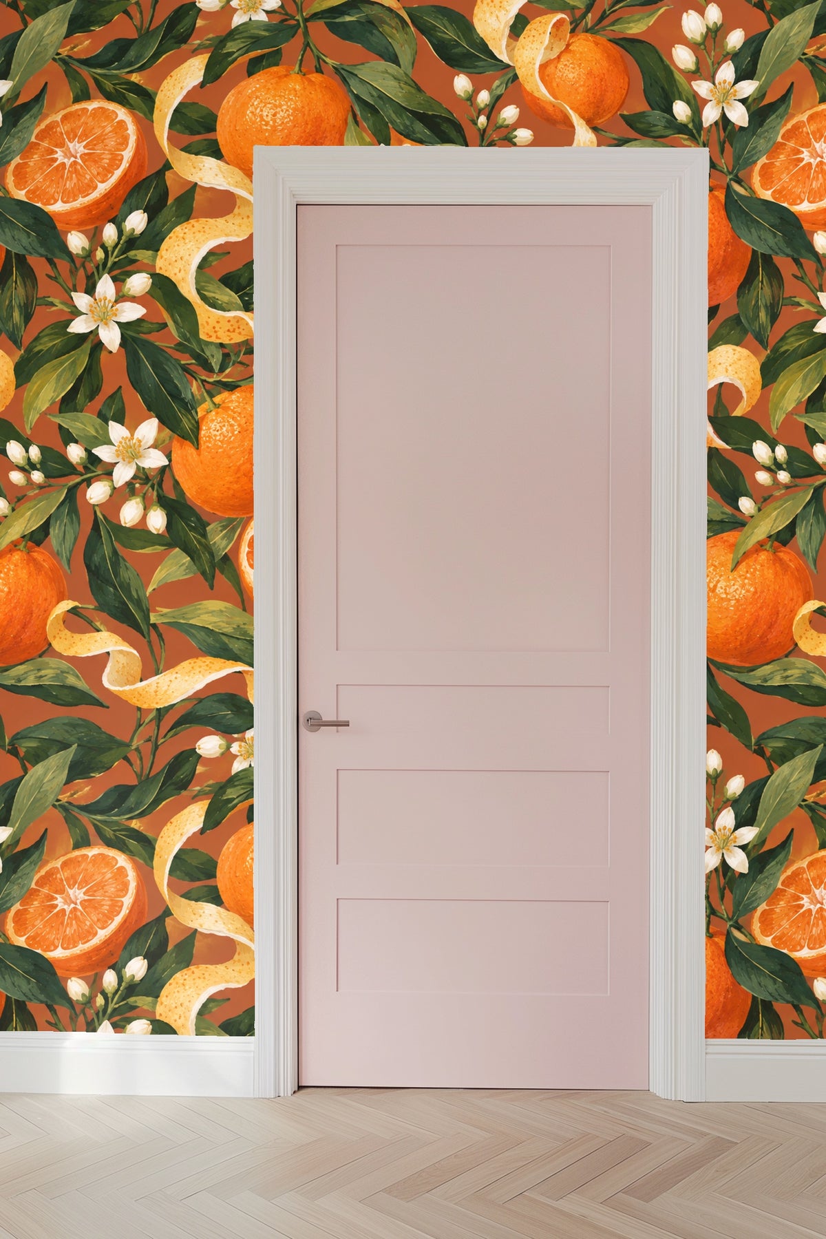 Peeking orange slice with white flowers and smooth textured peel ribbons
