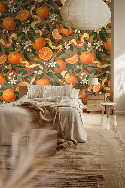 Overall wallpaper pattern repeat showing balance of fruit, flowers, and peels