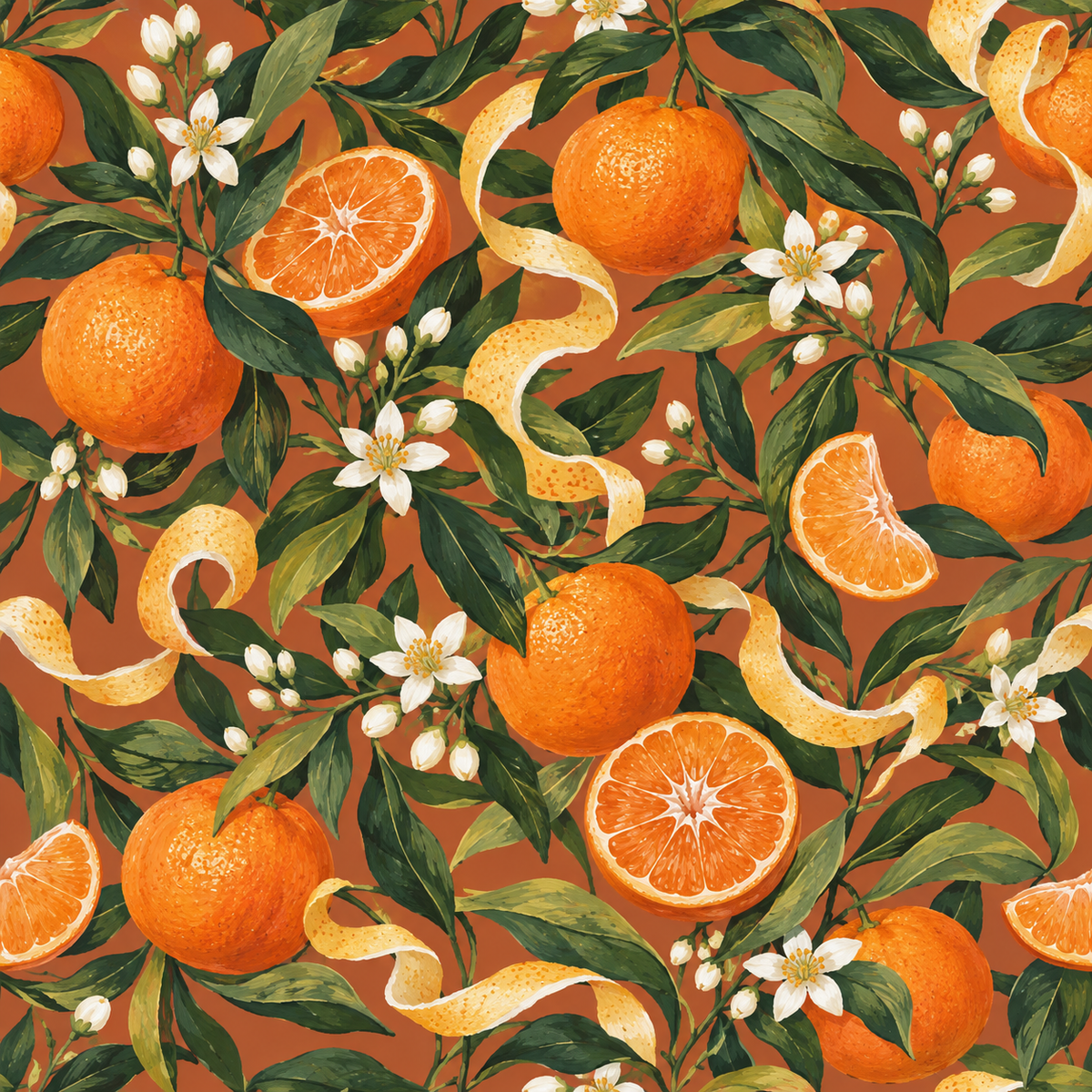 Lush leafy green branches filling negative space around oranges