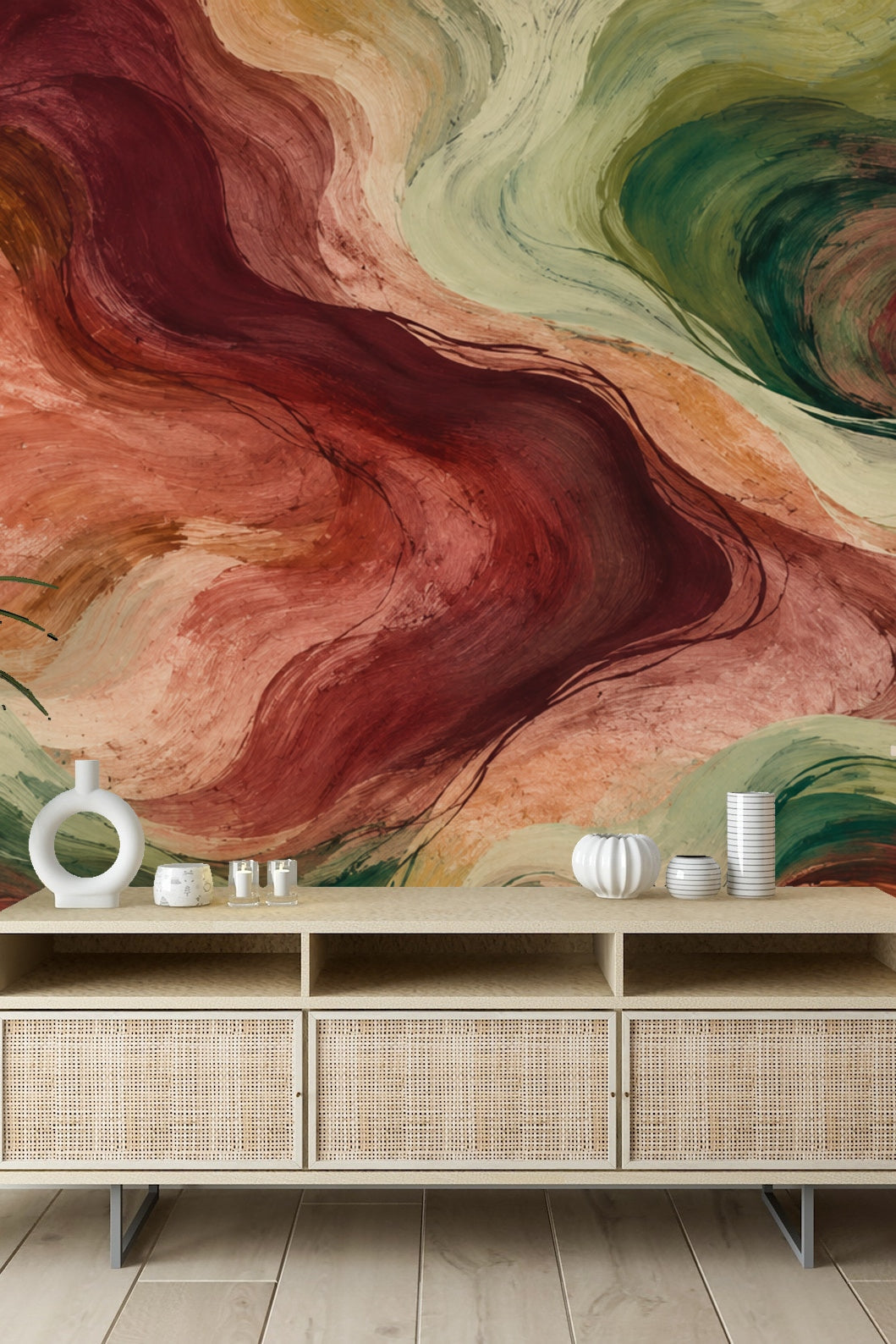 Ember Stream Mural wallpaper shown in an interior setting