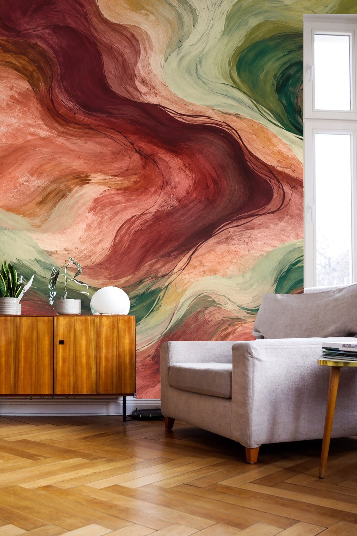 Ember Stream Mural wallpaper shown in an interior setting