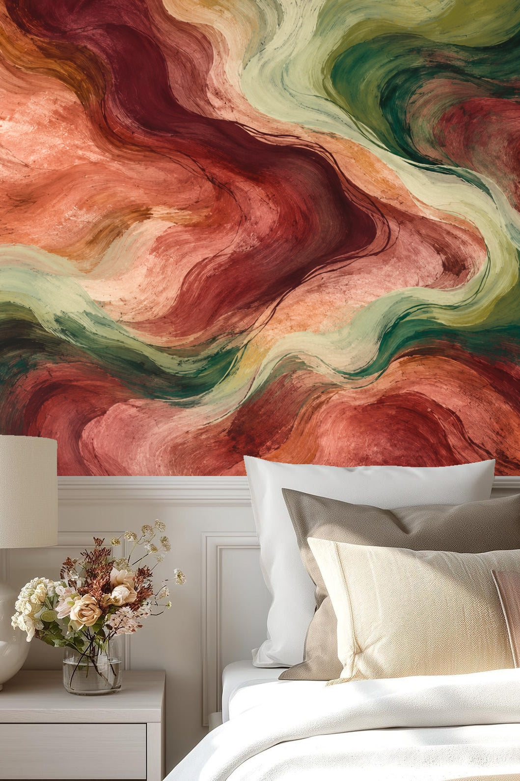 Detailed view of Earthflow Brushstroke wallpaper showing warm terracotta and green flowing brushstrokes