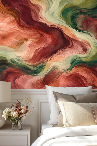 Detailed view of Earthflow Brushstroke wallpaper showing warm terracotta and green flowing brushstrokes