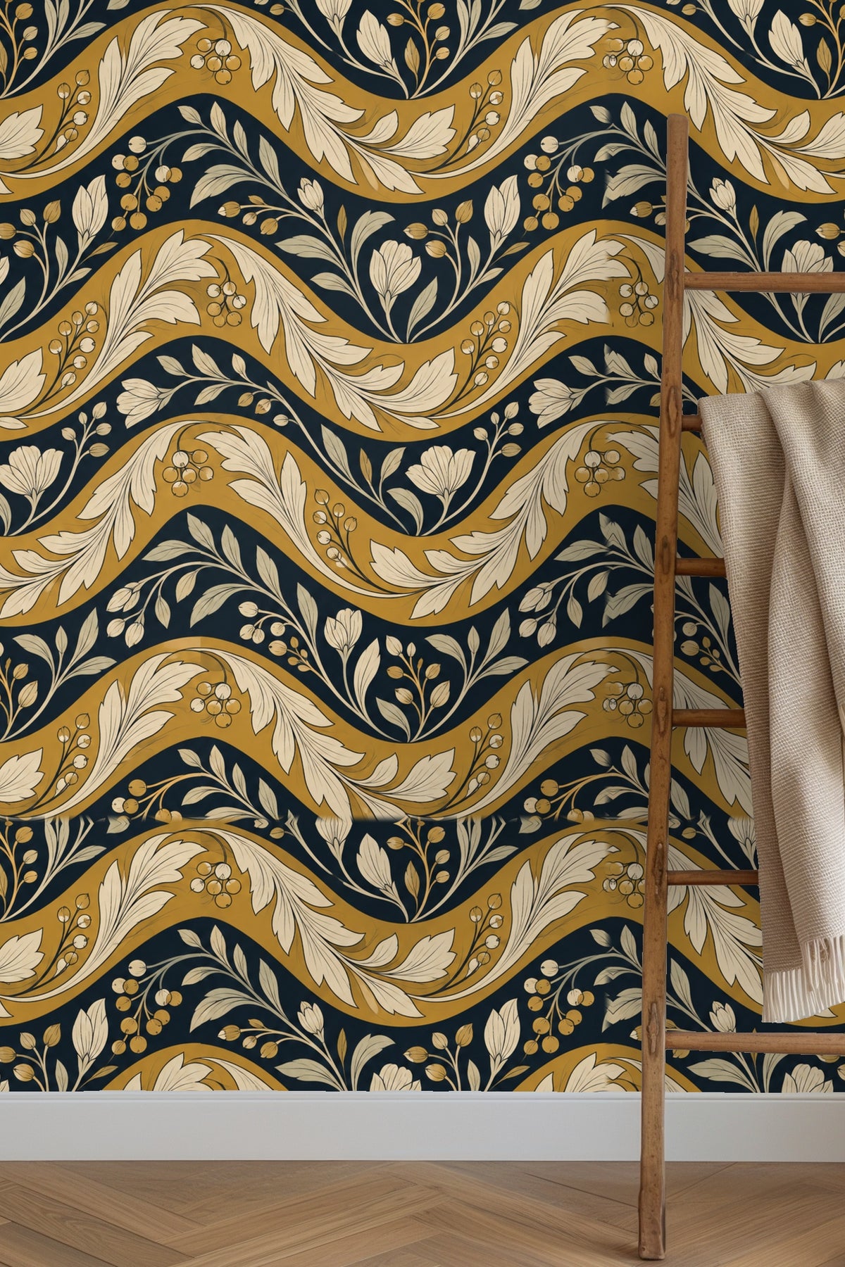 Close-up showing detailed leaf and berry motif in cream on mustard and navy wave stripes.