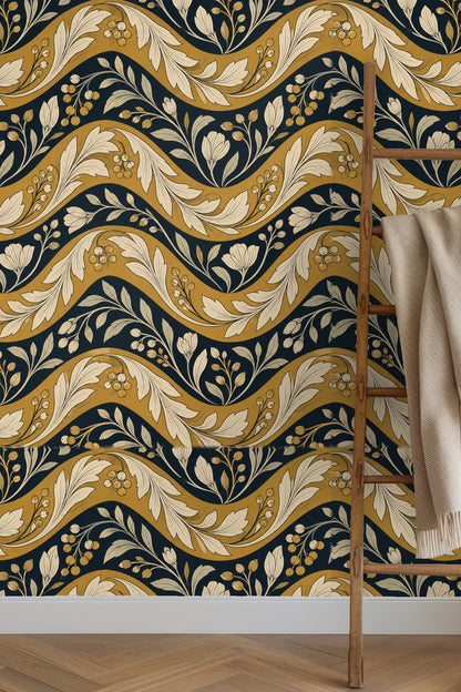 Close-up showing detailed leaf and berry motif in cream on mustard and navy wave stripes.