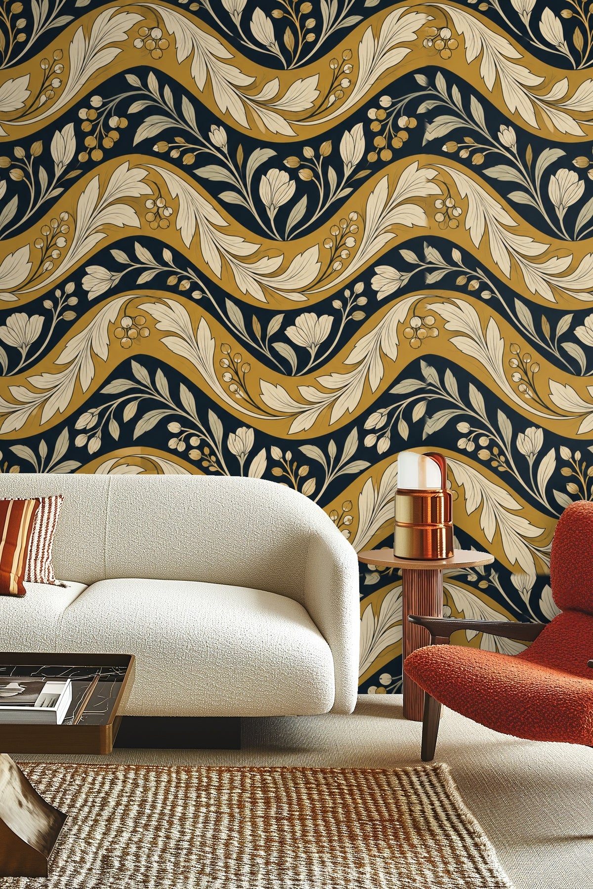 Decor vignette highlighting the wallpaper’s warm mustard and deep navy contrast.