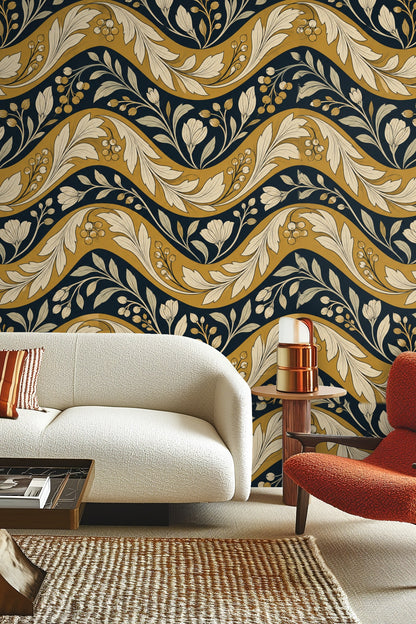 Decor vignette highlighting the wallpaper’s warm mustard and deep navy contrast.
