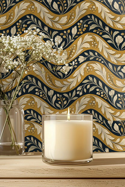 Wallpaper pattern showing curving mustard bands with cream-colored acanthus leaves and berry clusters on navy background.