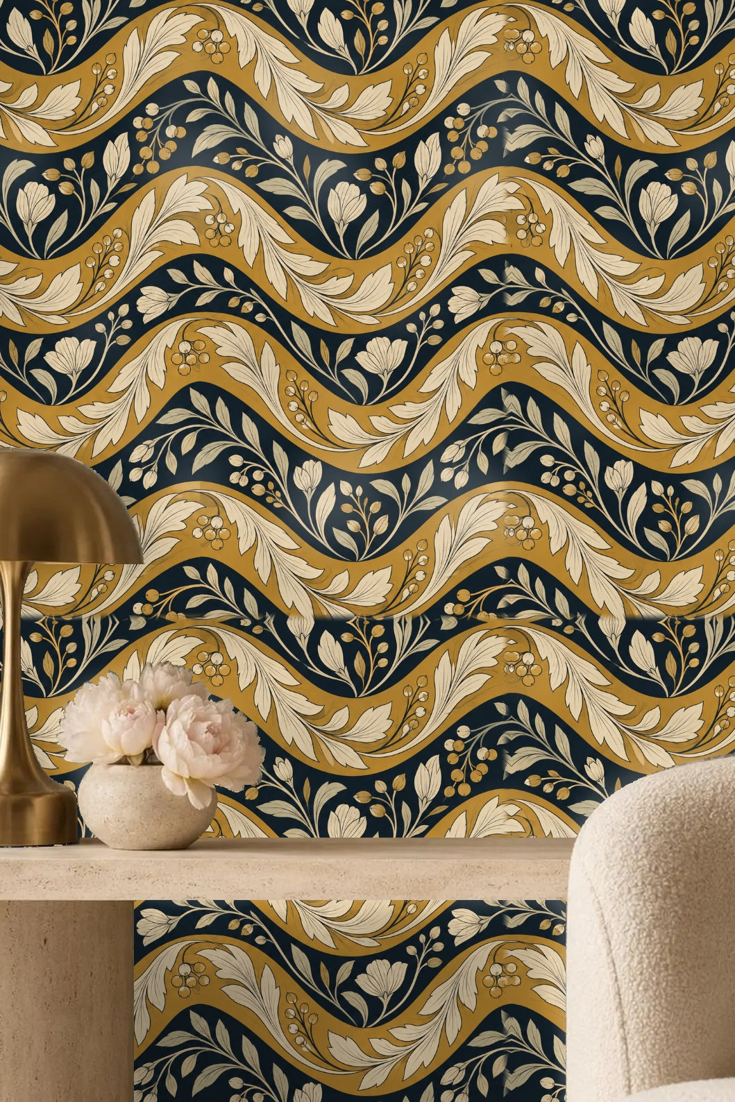 Section of wallpaper revealing the baroque-style leaf swirl and floral accents in muted shades.