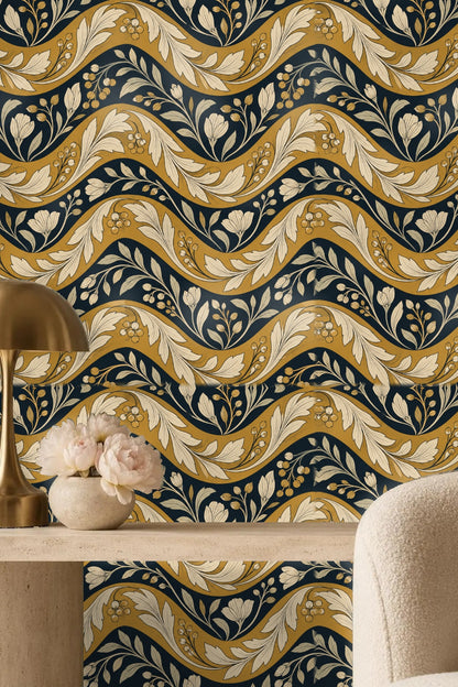 Section of wallpaper revealing the baroque-style leaf swirl and floral accents in muted shades.