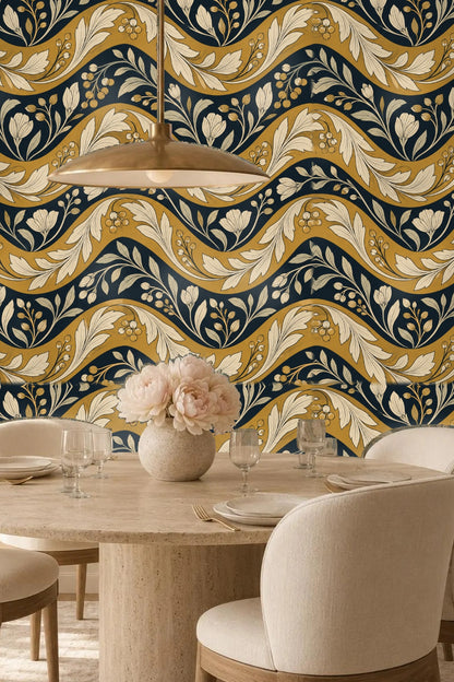 Wallpaper detail capturing the layered botanical elements with shadow and line work.