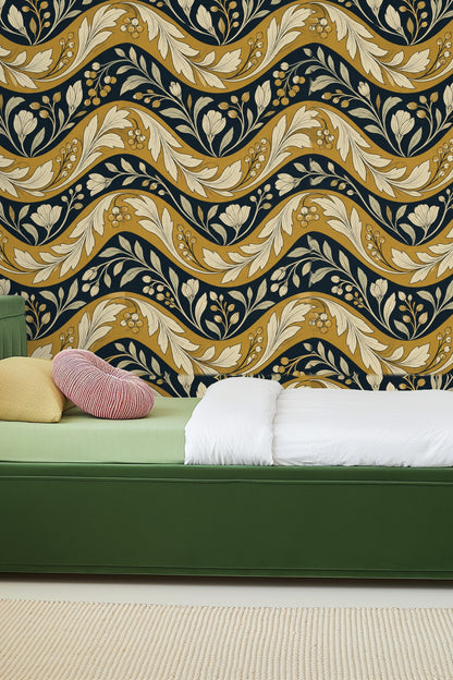 Partial view of a laundry room window framed by the wallpaper’s flowing botanical pattern.