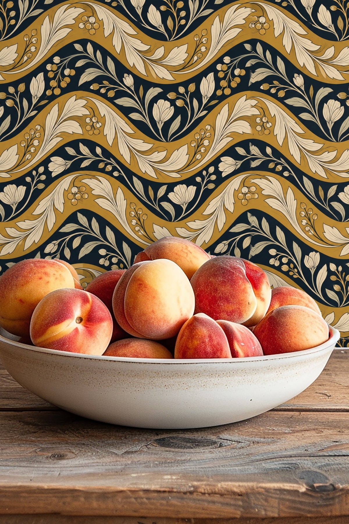 Shelf with natural wood grain complements the wallpaper’s golden waves and creamy foliage.
