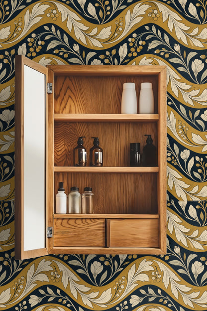 Laundry room featuring Baroque Swoop Floral wallpaper behind a wooden counter with white towels and woven basket.