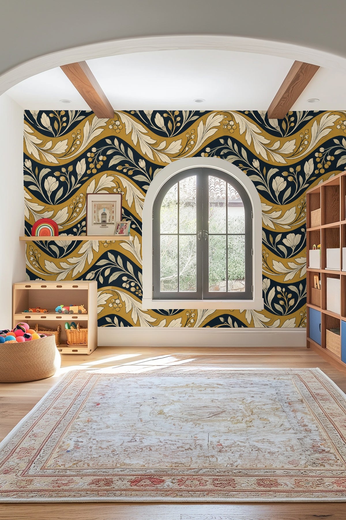 Berries and stylized leaves arranged along the curving wave lines creating rhythmic organic movement.