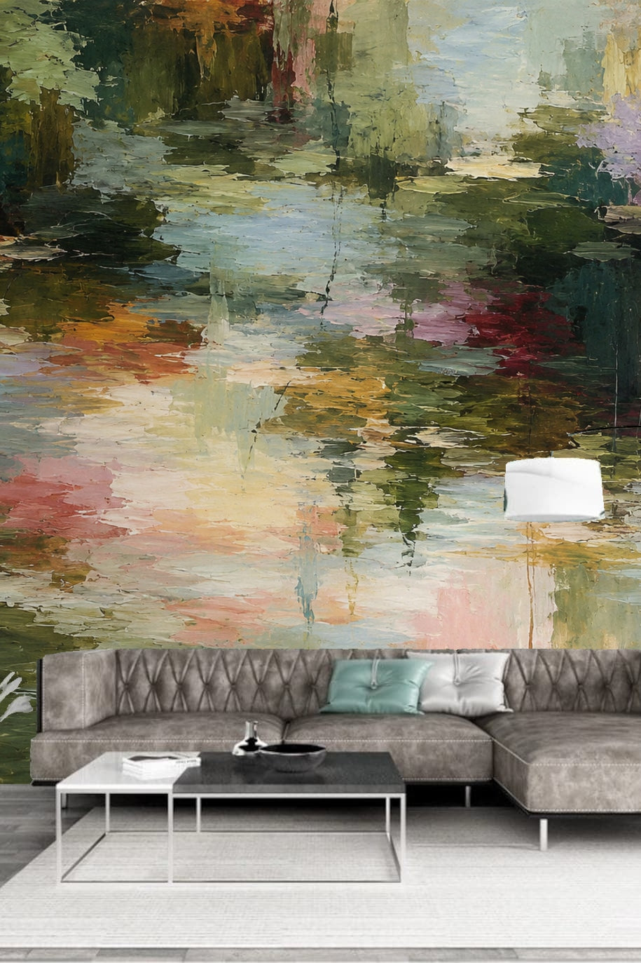 Close-up detail of the textured brushstroke pattern showing layered colors and paint strokes