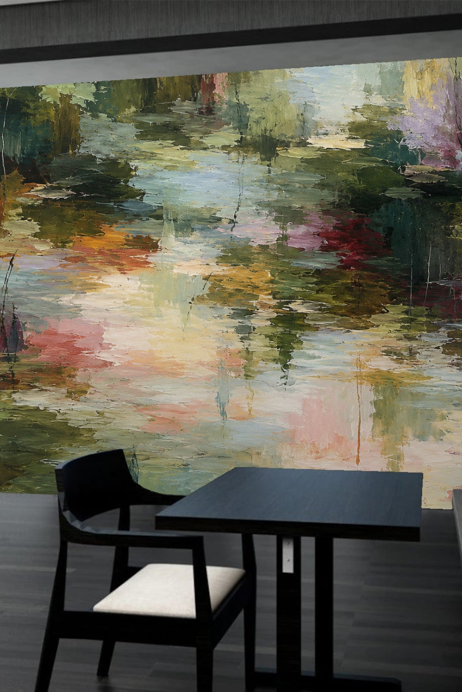 Textured wallpaper mural with floral and water-like motifs in muted earth tones