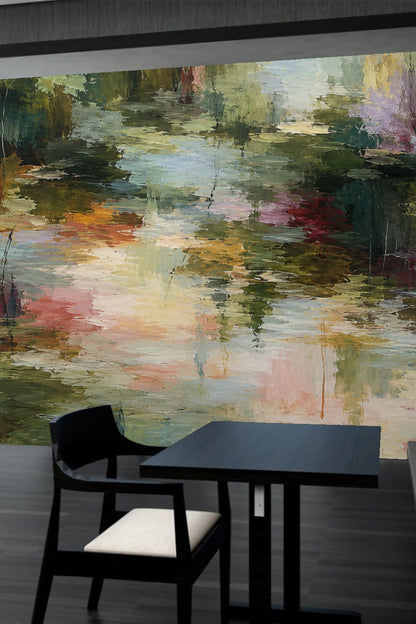 Textured wallpaper mural with floral and water-like motifs in muted earth tones