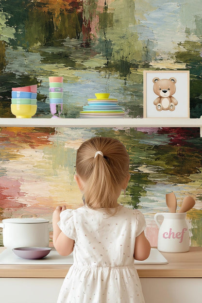 Room corner highlighting brushstroke patterns in layered green, pink, and gold colors