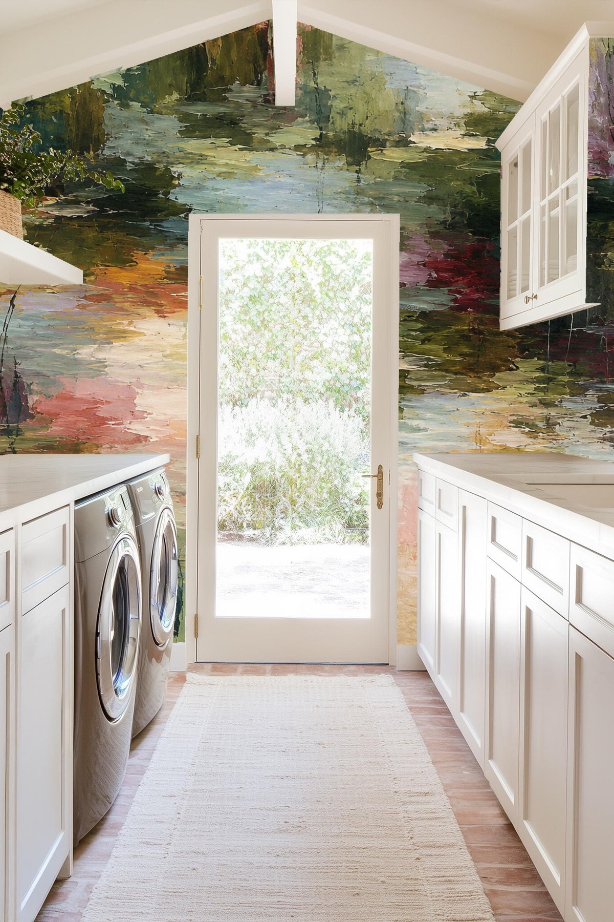 Artistic wallpaper mural with abstract wetland impression in soft greens and lavenders