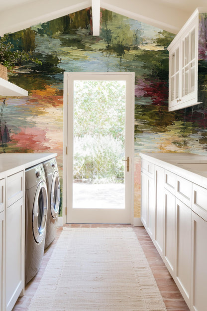 Artistic wallpaper mural with abstract wetland impression in soft greens and lavenders