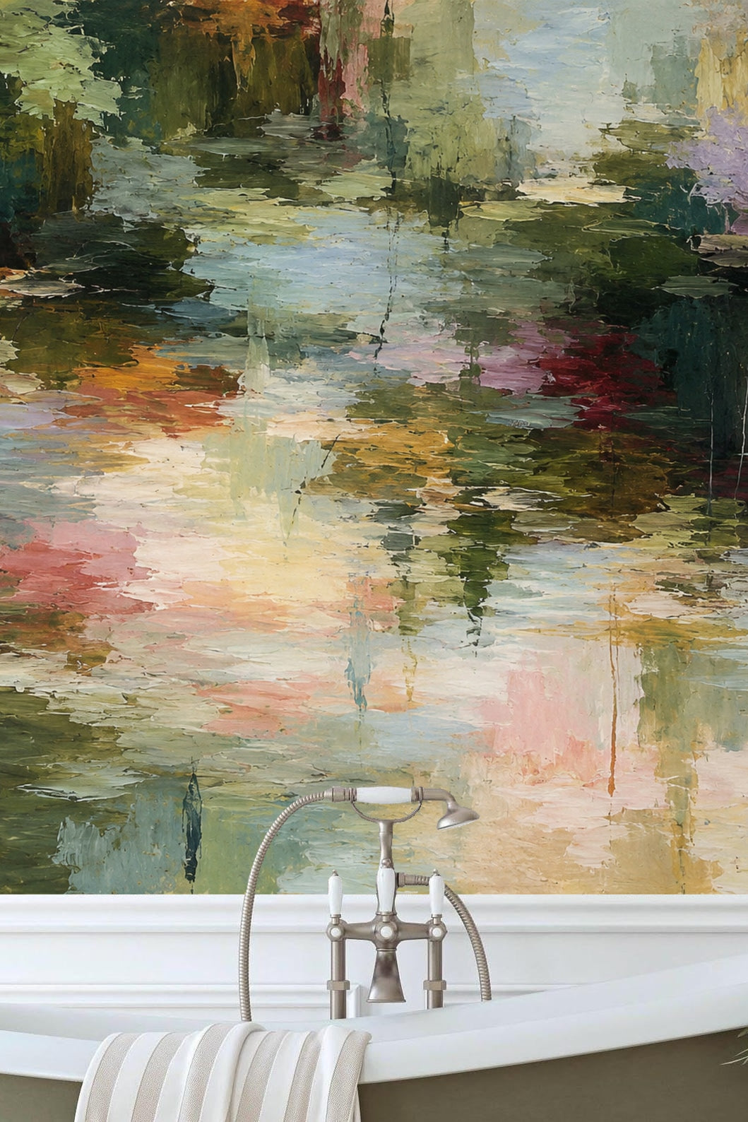 Modern bedroom featuring a textured impressionist wallpaper mural behind the bed