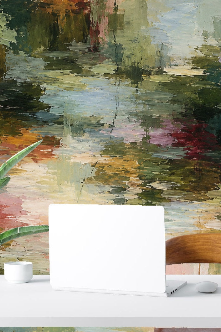 Bedroom with a gray bed against a wall covered in impressionist-style textured wallpaper mural