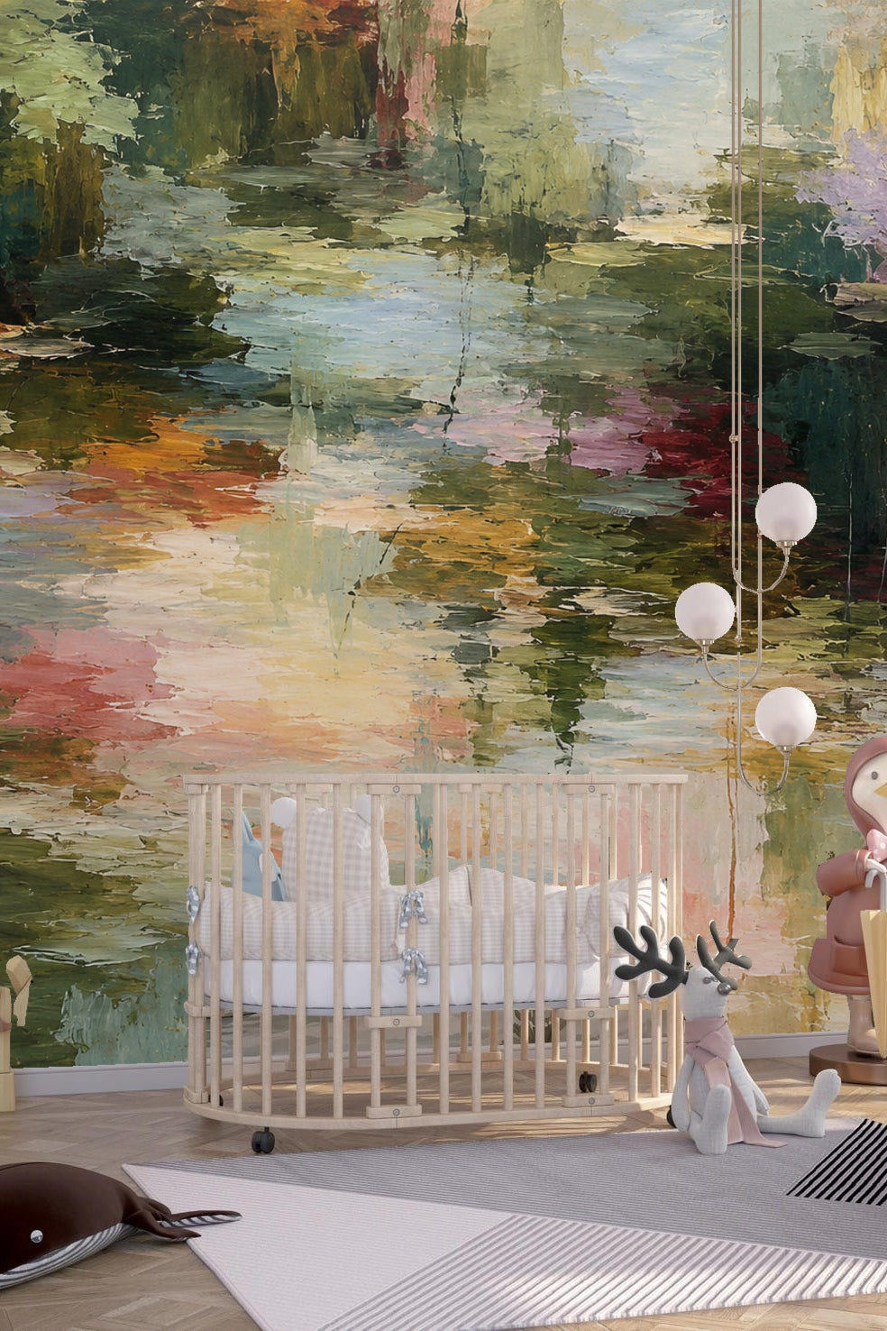 Large-scale wallpaper mural creating a flowing, organic pattern across the wall