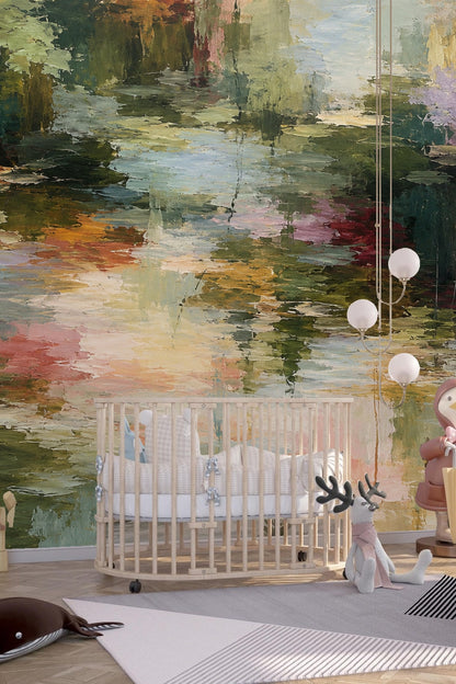 Large-scale wallpaper mural creating a flowing, organic pattern across the wall