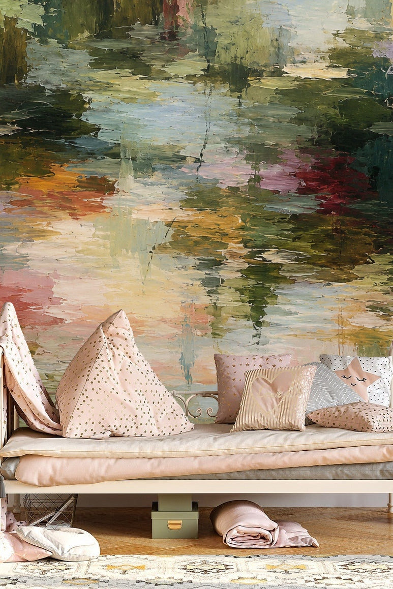 Close view of the wallpaper’s layered paint textures blending nature-inspired colors