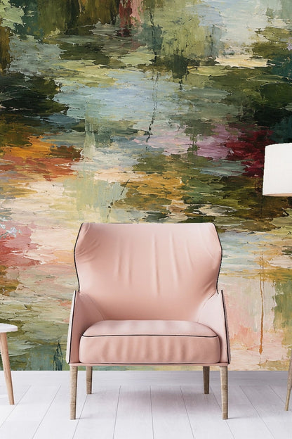 Abstract impressionist wallpaper with layered brushstrokes in green, blush, and lavender hues