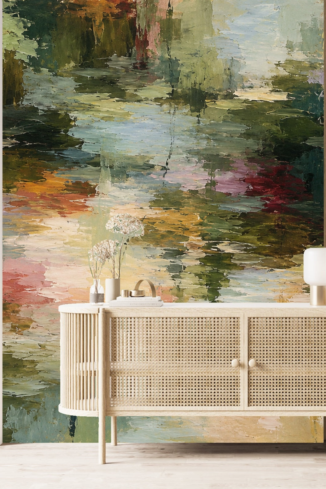 Wallpaper mural featuring painterly strokes suggesting a natural, watery landscape