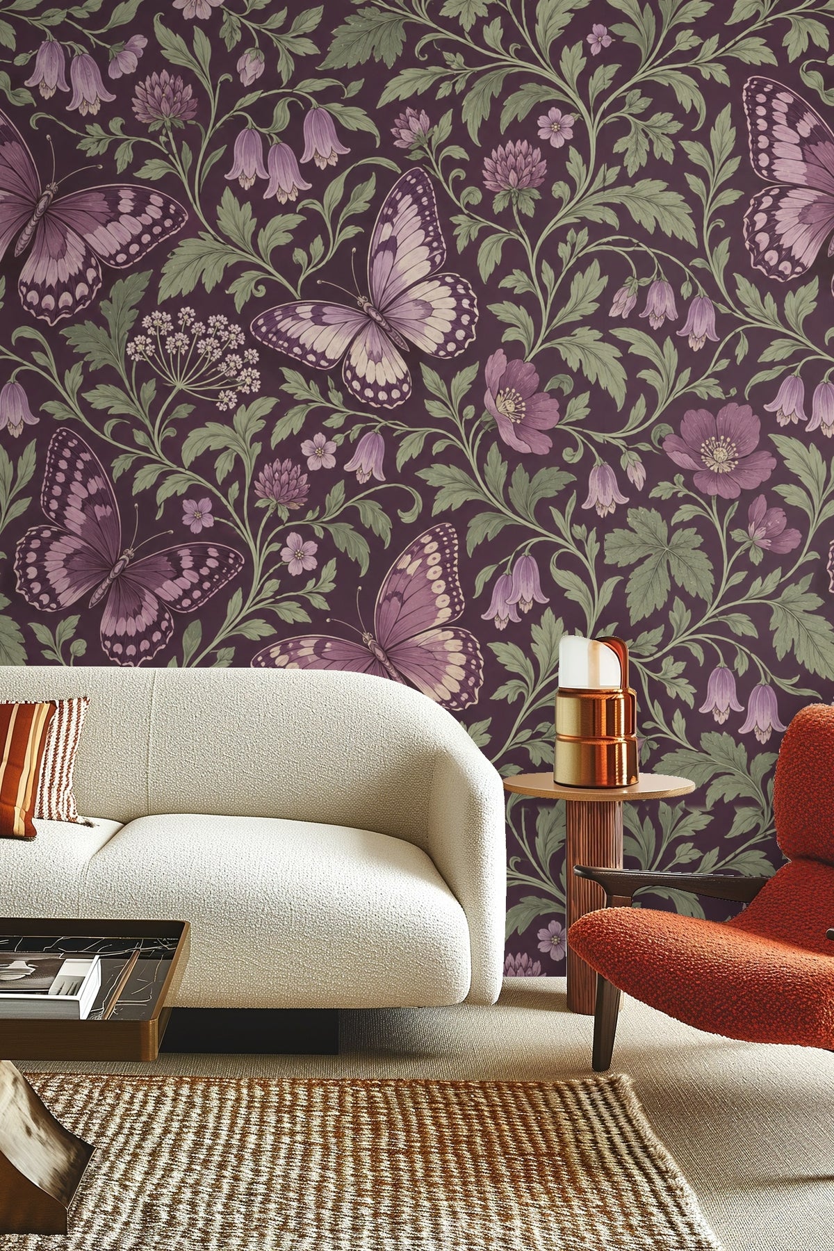 Wallpaper pattern showing detailed wing markings on multiple mauve butterflies