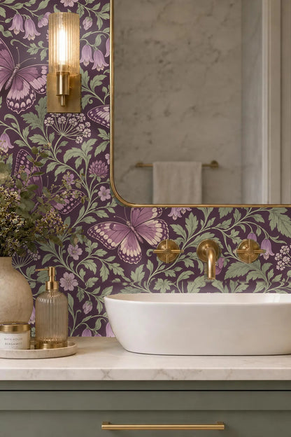 Detailed close-up of violet butterfly and floral wallpaper artwork with deep purple background and pale green leaves